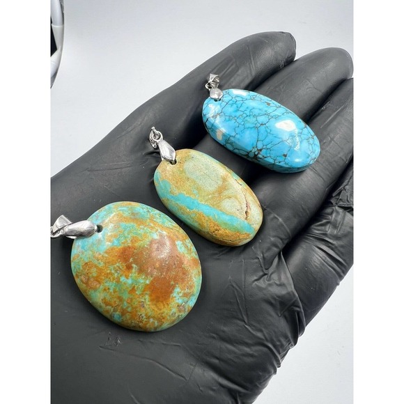 3 Natural Persian Turquoise Pendants Metal Stainless Steel Hook Bulk Lot - Picture 9 of 9